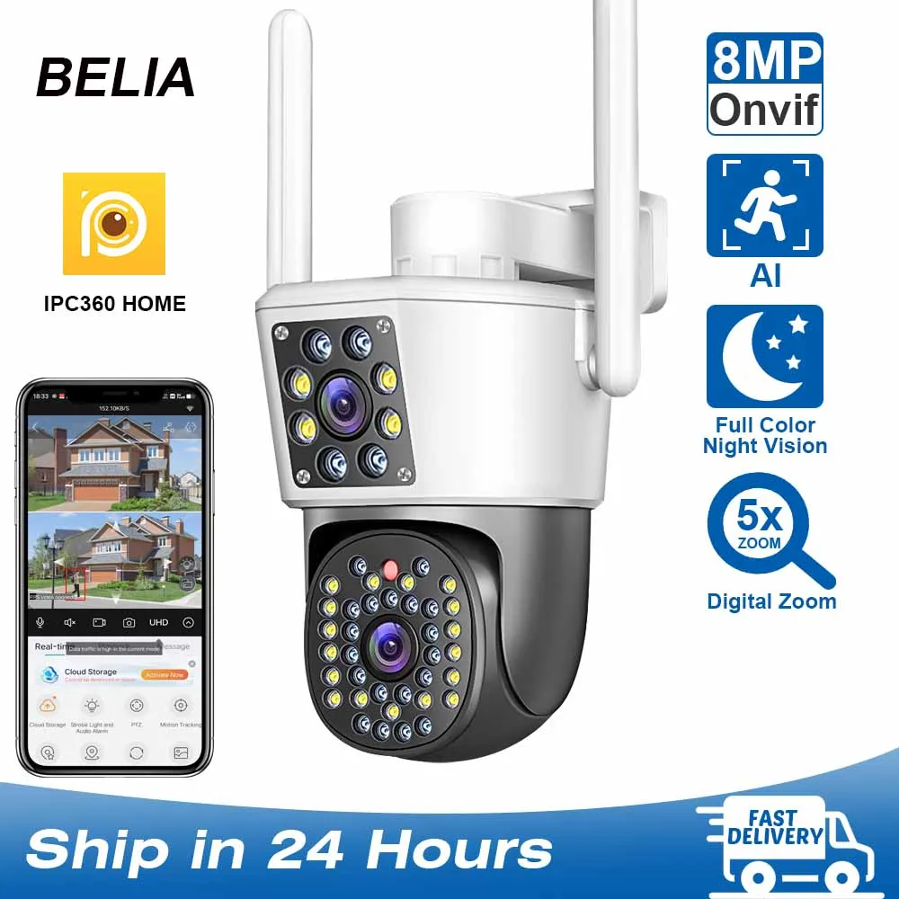 듀얼 렌즈 듀얼 스크린 무선 카메라, 고화질 와이파이 CCTV 카메라, 360 ° 팬 틸트, 야외 인간 자동 추적, IPC360, 4K, 8MP