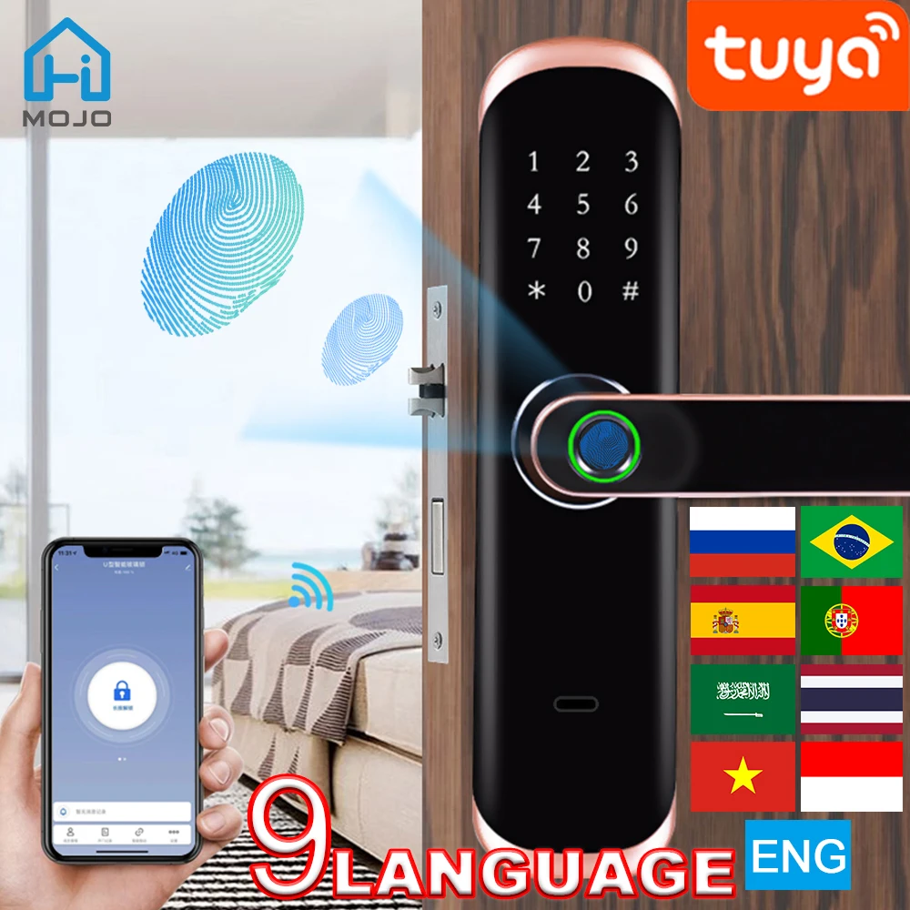 HIMOJO Smart Door Lock Tuya WIFI Electronic With Biometric Fingerprint / ID Card Password Key Unlock/ USB Emergency Charge |