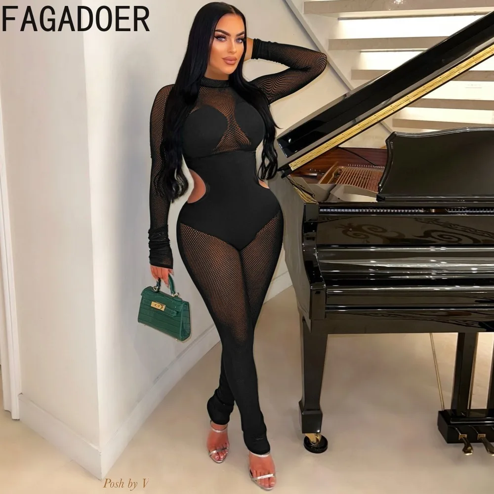 FAGADOER Black Sexy Mesh Perspective Patchwork Nightclub Jumpsuits Women Round Neck Long Sleeve Hollow Bodycon Playsuits Clothes