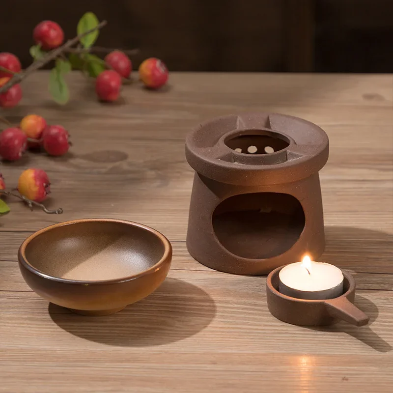 Japanese Style Ceramic Tea Warmer Set - Candle Heated Sand Pot Aroma Diffuser & Gongfu Tea Accessories with Essential Oil Burner