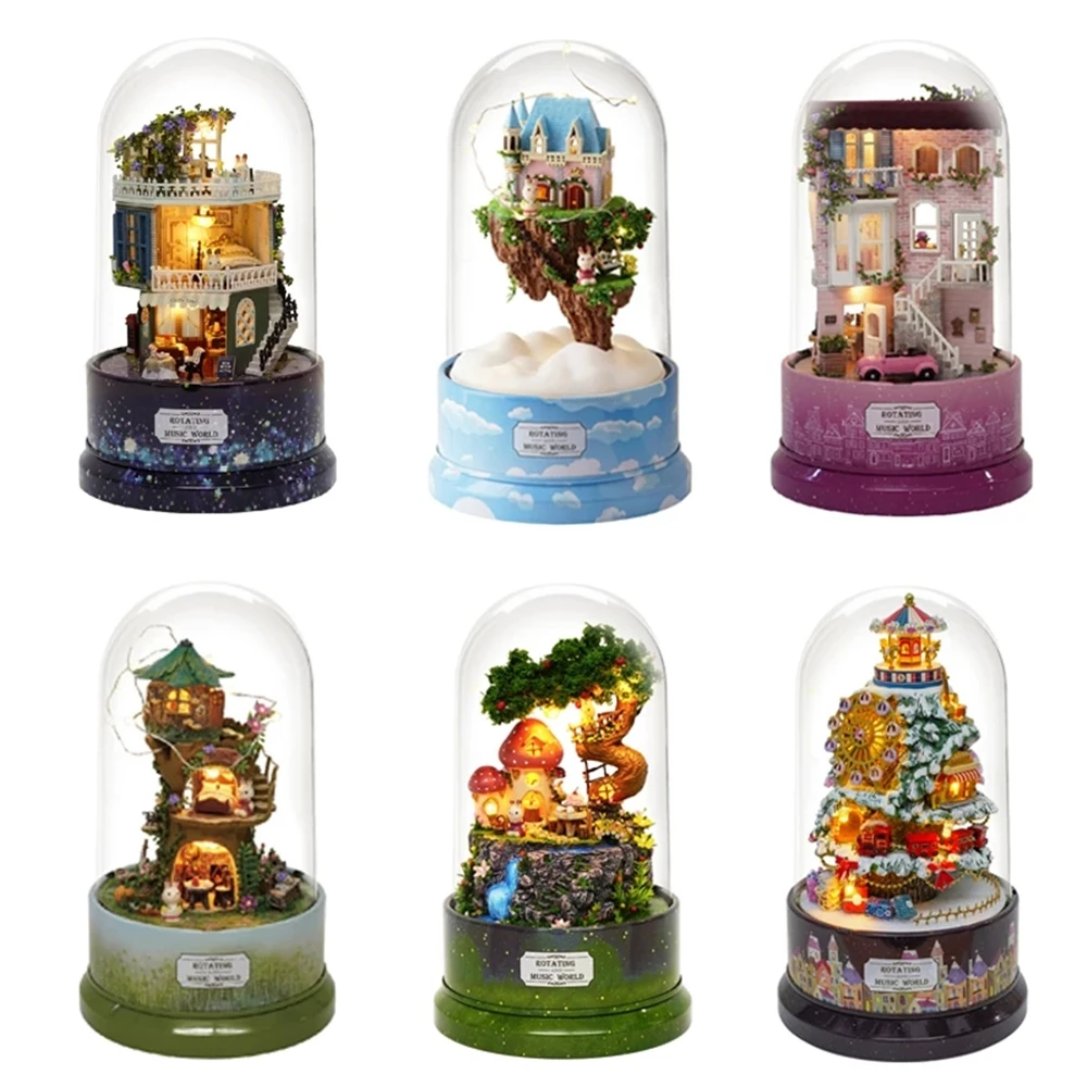 

Doll House Rotating Music Box Handmade Model House DIY Miniature Building with Furniture Villa Toys Birthday Gift for Children