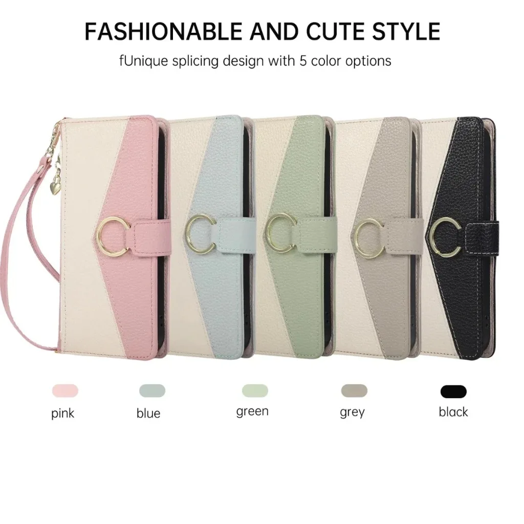 Zipper Card Holder Wallet Crossbody Lanyard Flip Phone Case with Ring Buckle - PU Leather Cover