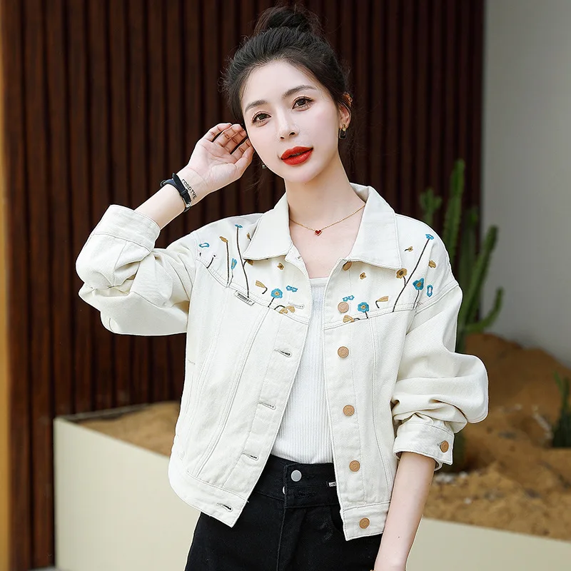 

Женская джинсовая куртка с вышивкой, повседневная Короткая свободная куртка из денима в винтажном стиле, весна-лето 2023
