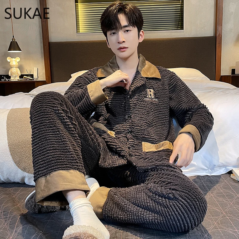 

SUKAE Teddy Mens Pajamas Set Winter New Thick Pijamas L-4XL Nightwear Long Sleeves Turn-down Collar Thermal Homewear Boy Pajama