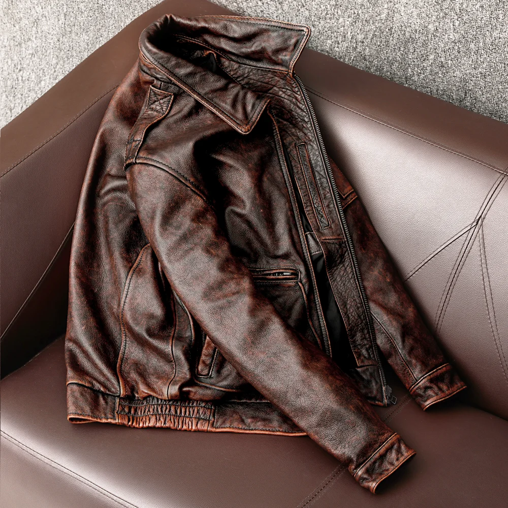 Genuine Leather Jacket Men Vintage | Men's Genuine Leather