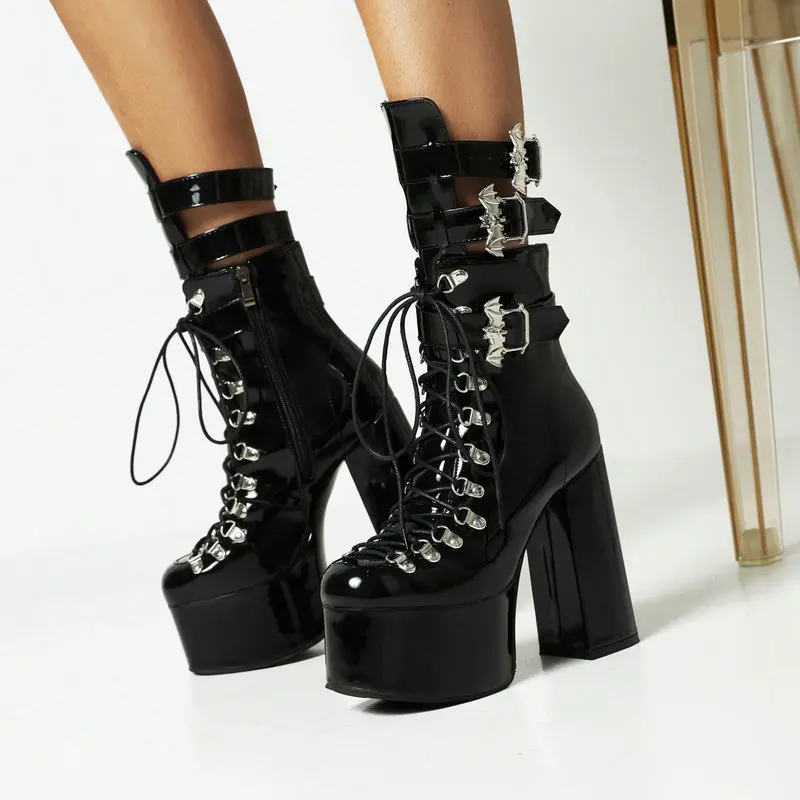 2022 Autumn and Winter Thick-heeled High-heeled Thick-soled Boots Lacquered Boots and Cotton Suede High-heeled Boots