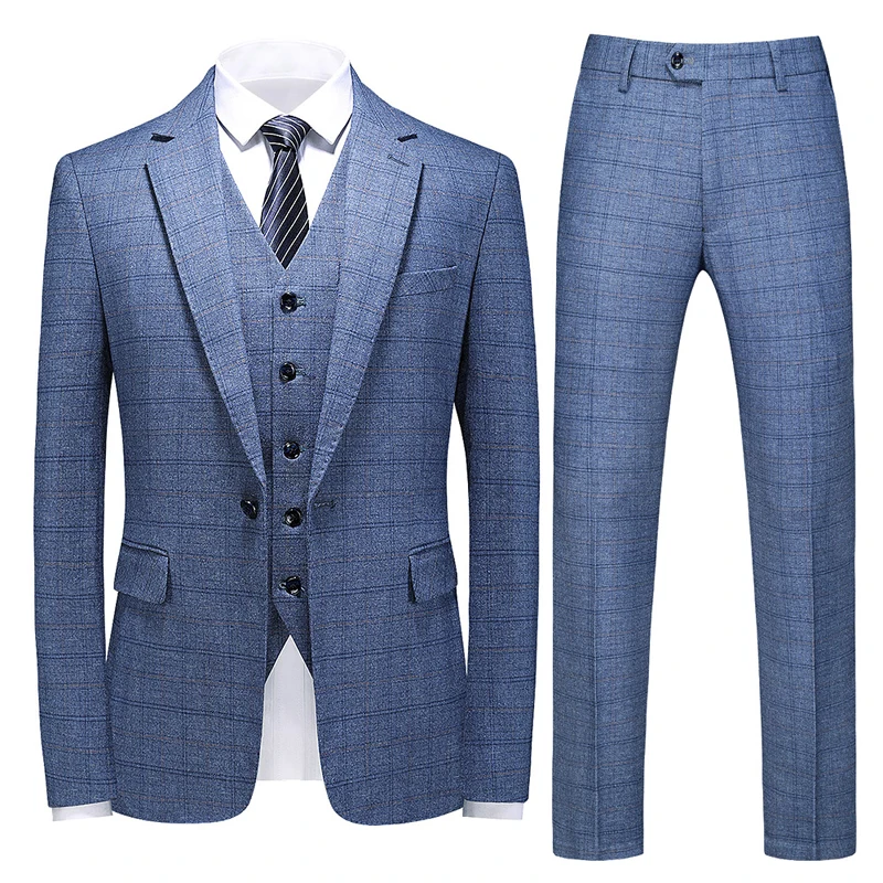 

Plyesxale Blue Plaid Tuxedo Groom Suits For Men Wedding Costume 3 Pieces Homme Men's Formal Casual Suit Stage Prom Wear Q1317