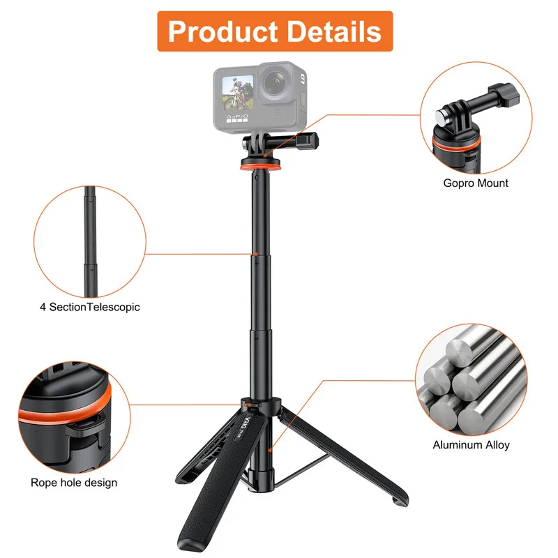 Utilisateur tenant le trépied perche selfie universel à 130 cm lors d'une prise de vue en extérieur, smartphone en main.