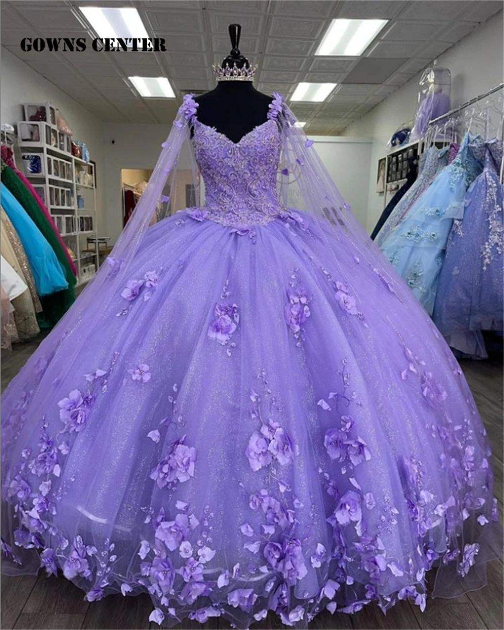 

Lilac Beaded Pearls 3D Flowers Ball Gown Quinceanera Dress With Cape Off The Shoulder Sweet 15 Dress Corset Vestidos De 15 Años