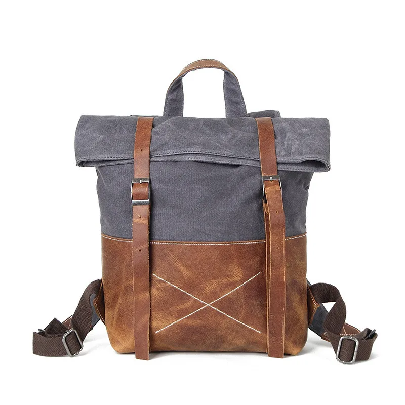 Men Wearproof Waxed Canvas Backpack School Bag Retro Solid Color Leather Large Capacity Students Bag Waterproof Travel Daypacks
