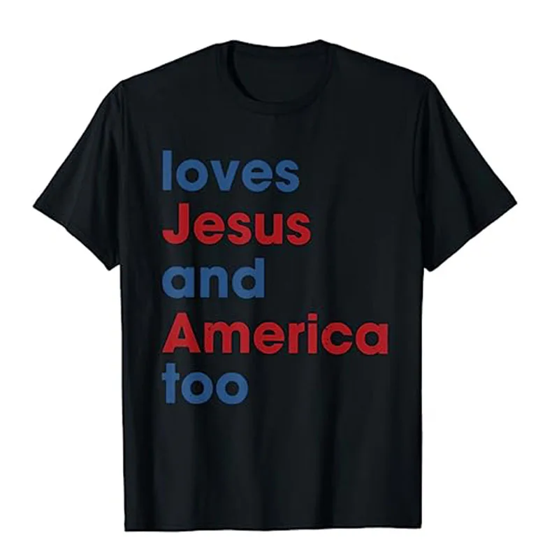 

Love Jesus and America Too T-Shirt Letters Printed Sayings Graphic Tee Tops 4th of July American Usa Pride Outfits Faith Apparel