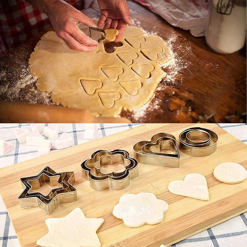 12Pcs Mini Cookie Cutters Set cookie cutter baking mold cookie mould Stainless Steel Biscuit Mold Heart Star Round Flower Biscuit Cutters Kit Cookie Mold Baking Tools