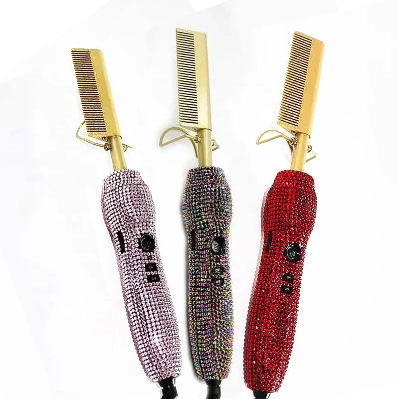 Custom Private Label Diamond Handle Electric Copper Hot Comb High Temperature Hot Hair Straightener for Wet Dry Curly Hair 2
