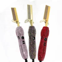 Custom Private Label Diamond Handle Electric Copper Hot Comb High Temperature Hot Hair Straightener for Wet Dry Curly Hair 2