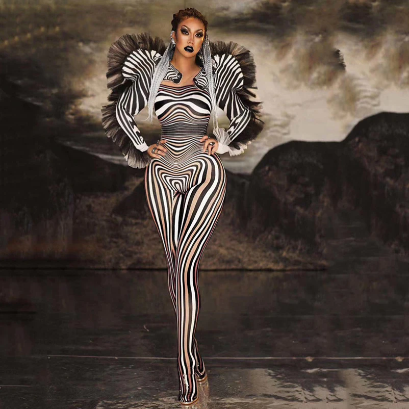 

Designer Zebra Pattern Stage Jumpsuits Elastic Tights Rompers Women Halloween Cosplay Costumes Nightclub Singer Dancer Outfits
