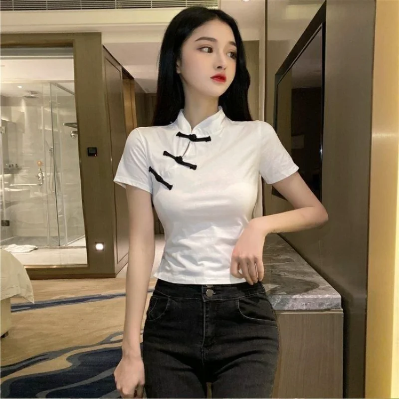 Slim T-shirts Women S-3XL Temper Aesthetics Vintage Summer Chinese Style Personal Hotsweet Crop Tops Streetwear Футболка Elastic 3