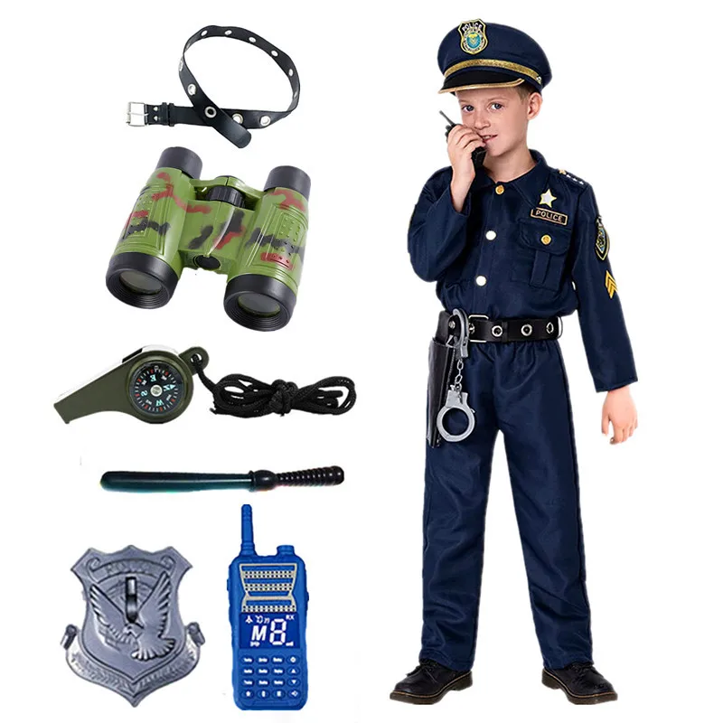 Jungen Polizei Kostüm Rolle verkleiden Polizei Uniform Hut Walkie-Talkie  Pfeife Schlagstock Abzeichen Kinderspiel zeug Geschenke - AliExpress
