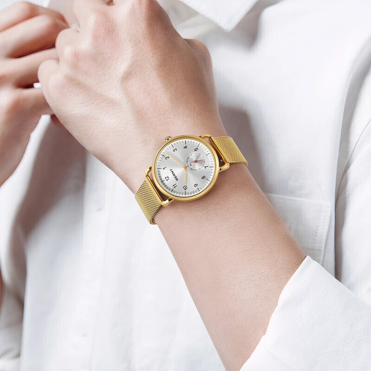 BERNY Goldene Herrenuhren, schlanker, modernistischer Stil, klassisch, elegant, Quarz-Armbanduhr, schlicht, lässig, leicht ablesbare Herrenuhr – Detail 34
