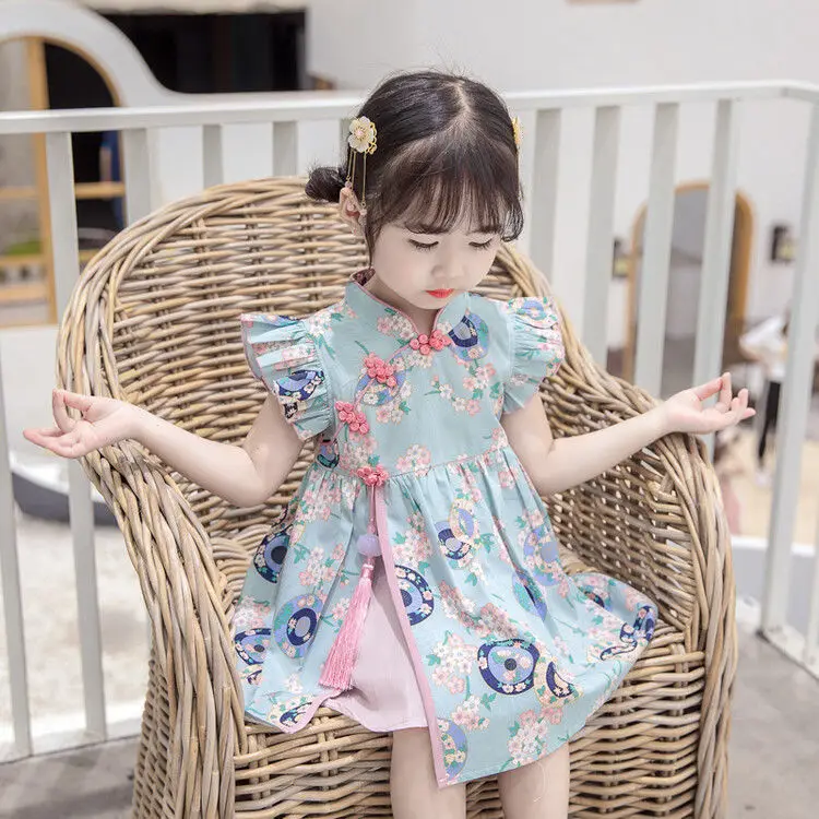 

Girls' Qipao Dress New Baby Ethnic Hanfu Chinese Children's Style Retro Summer Print Princess Thin Style Cotta Sweet And Lovely