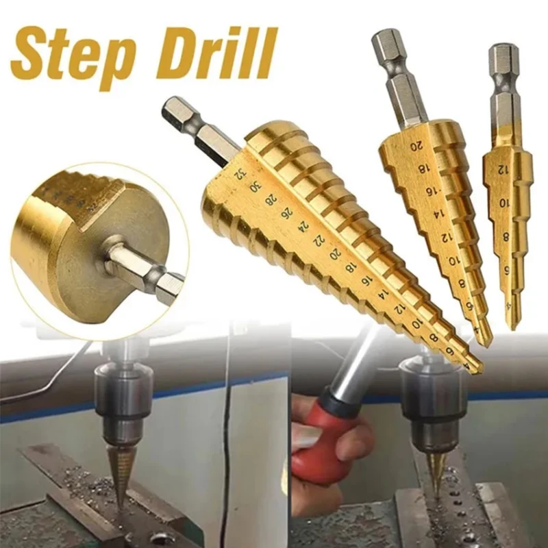 3pc HSS Step Drill Bit Straight Groove Titanium Coated Wood Metal Hole Cutter 4241 High Speed Steel Core Drill Bit