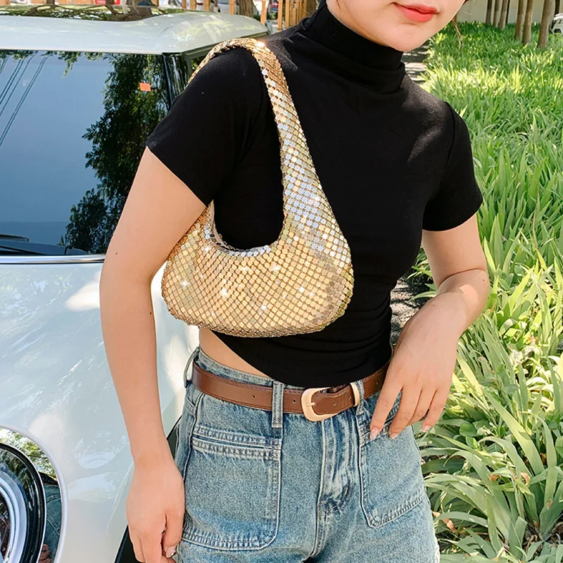 Evening Underarm Women's Shoulder Bag 2024 New Metallic Fashion Handbag Personality Sequined Splicing Luxury Party Dumpling Bag