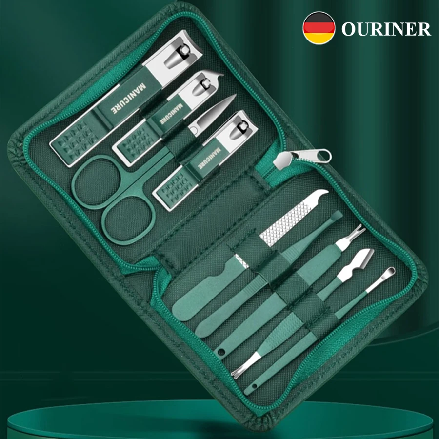 

Green 9 Pcs Manicure Set With Leather Case Professional Foot And Face Care Tool Kits Stainless Steel Nail Clipper Sets Gift