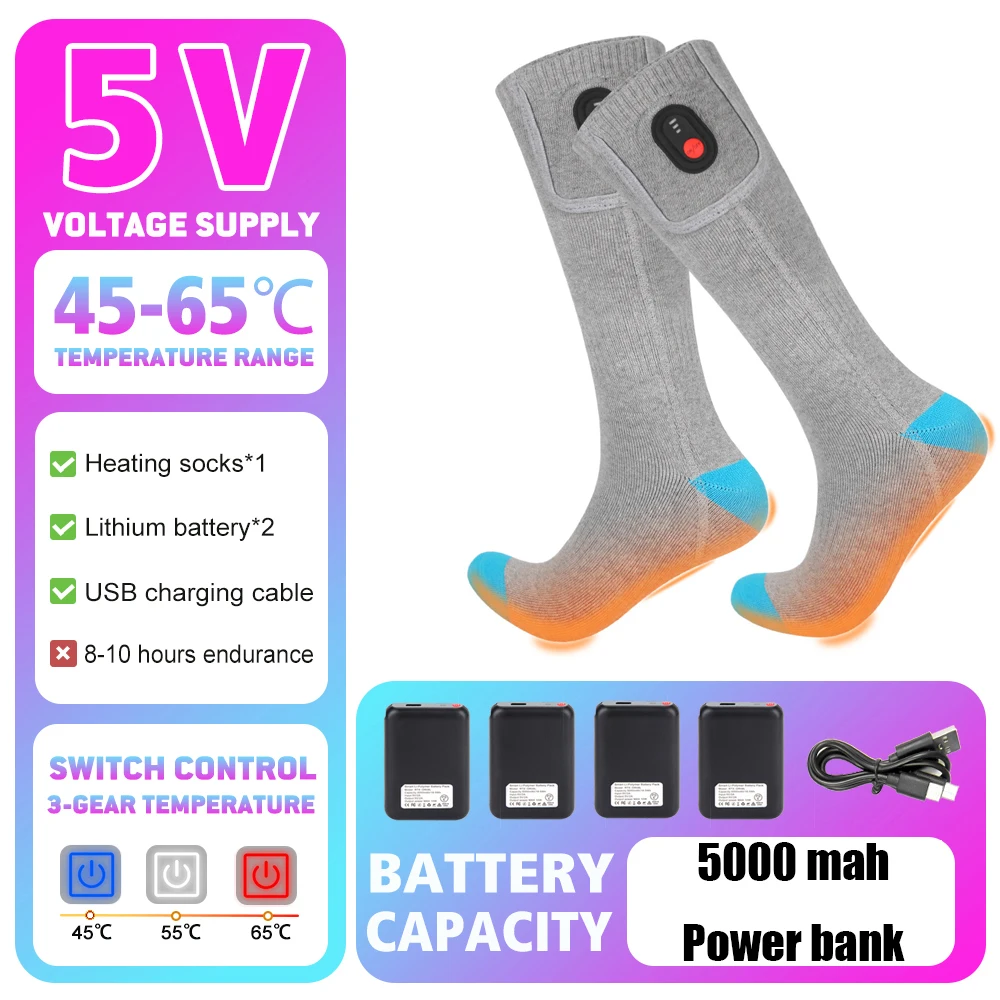 Chaussettes Chauffantes Rechargeables Avec Batterie 5000mAh - 3 Niveaux De Chaleur (45°C-60°C) - Pour Ski, Randonnée, Camping - Homme/Femme