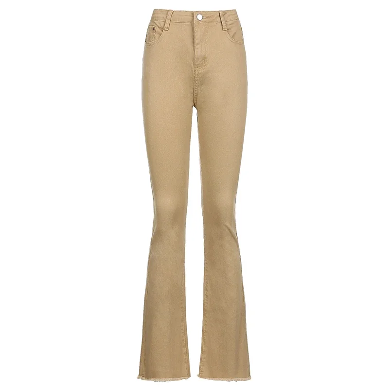 Women's Fashion Classic Flared Trousers High Waist Retro British Brown Jeans Stretch Korean Pocket Casual Women's Pants Clothes