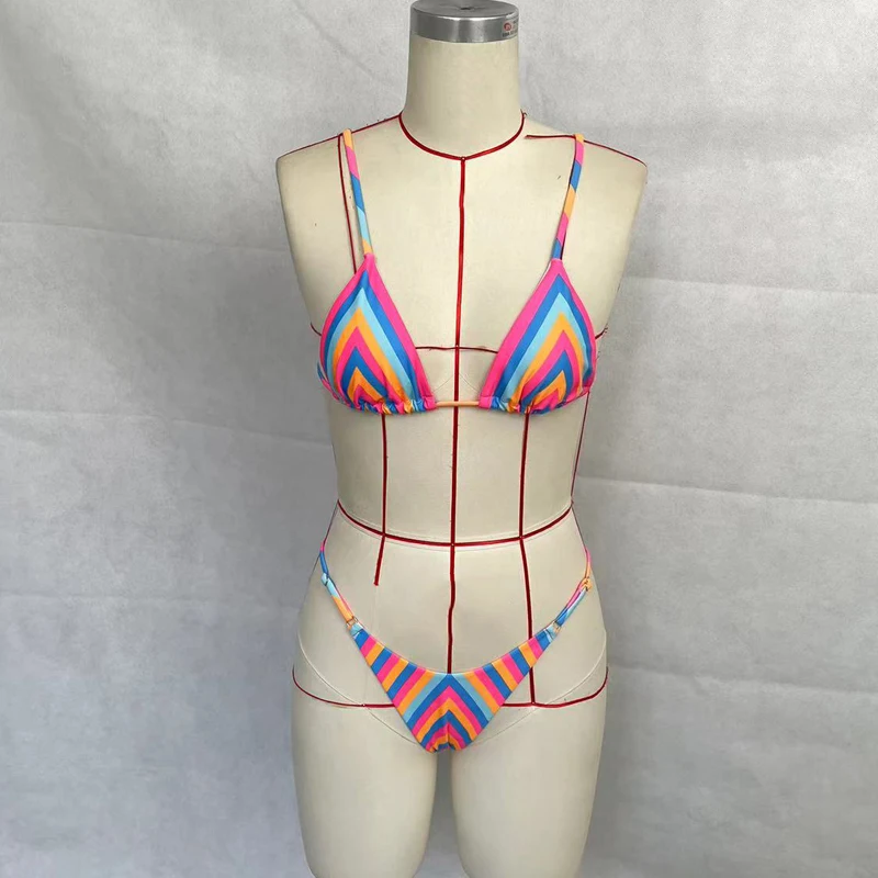 BEACHCICI Women Bikini Two Piece Summer Sexy Suspender Striped Printed Lace Up Backless Slim Beach Vacation Swimwear Swimsuit