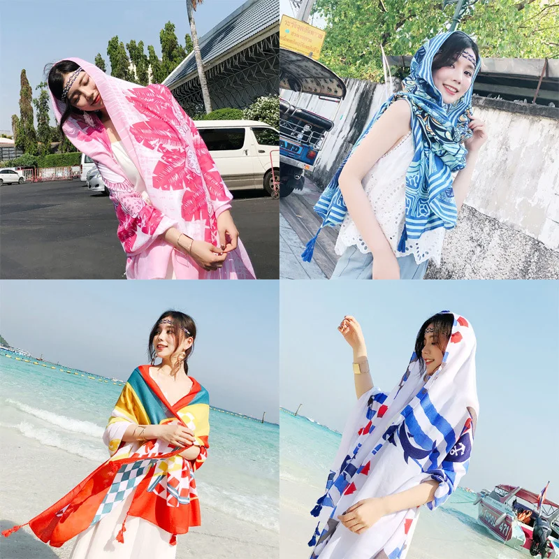 Summer Cotton Linen Red Ethnic Style Travel Seaside Holiday Sunscreen Scarf Shawl Silk Scarf Beach Towel Female