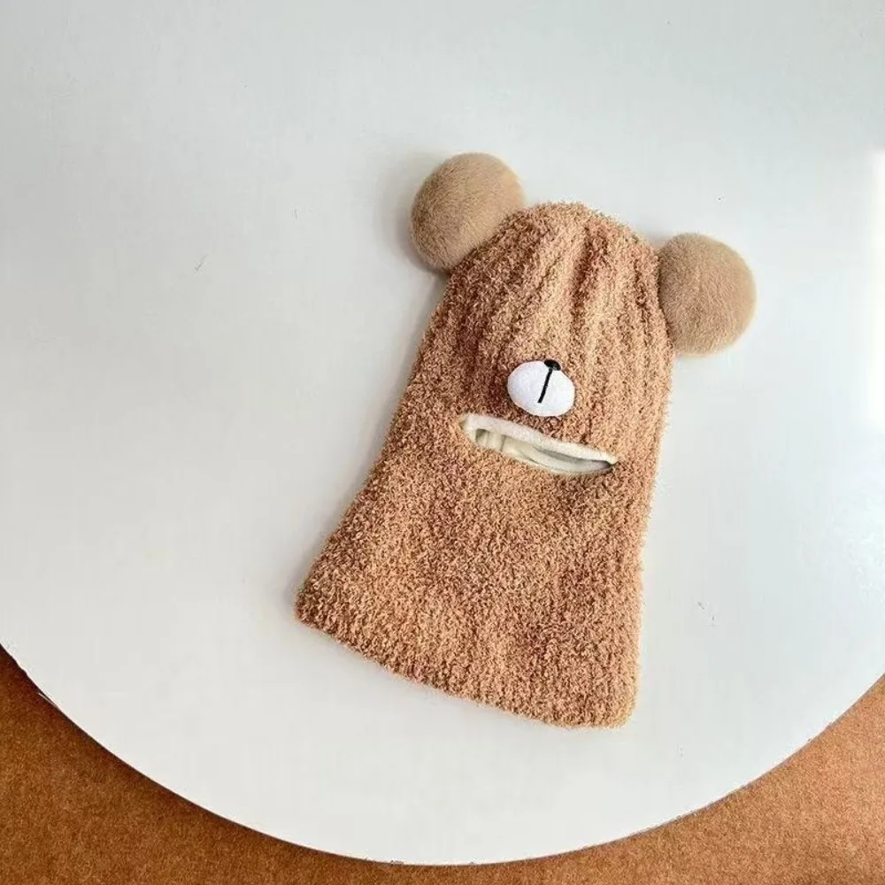 New Warm Scarf Mask Integrated Hat Windproof Cute Bear Neck Warmer Coldproof Knitted Pullover Cap 3-36M