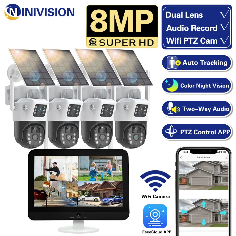 

100% Wire-Free Solar PTZ Dual Lens 12.5" LCD Monitor 10CH WiFi NVR Home Security IP Cam System Wireless 4K 8MP CCTV Surveillance