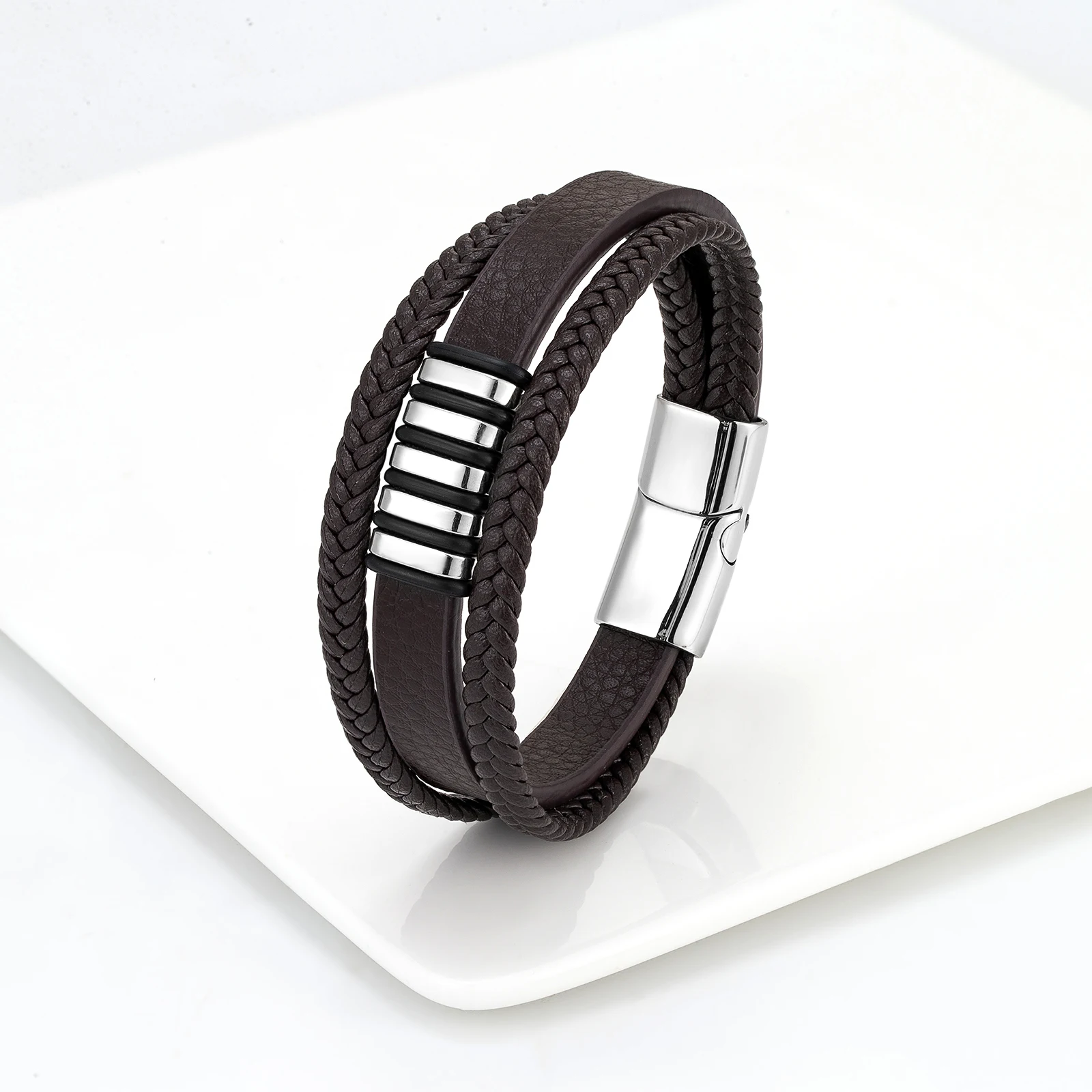 INFINIONLY Bracciale in Pelle Intrecciata Multistrato con Chitarra per Uomo Adolescenti Bracciali Creativa con Fibbie in Acciaio Inossidabile Moda