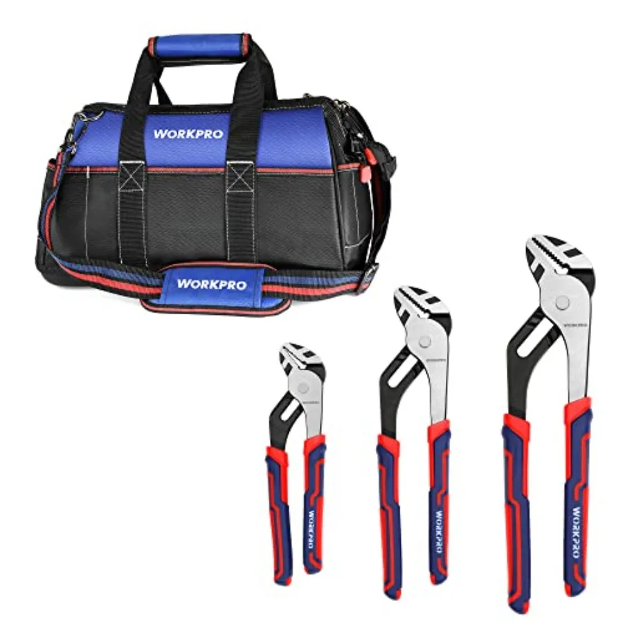 3 Piece Groove Joint Pliers Set and 16-inch Wide Mouth Tool Bag