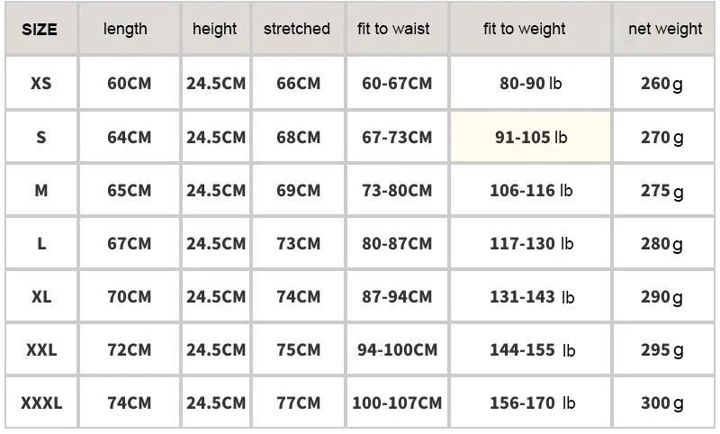 Body Shaper Waist Trainer Slimming Girdle/Corset Size Chart