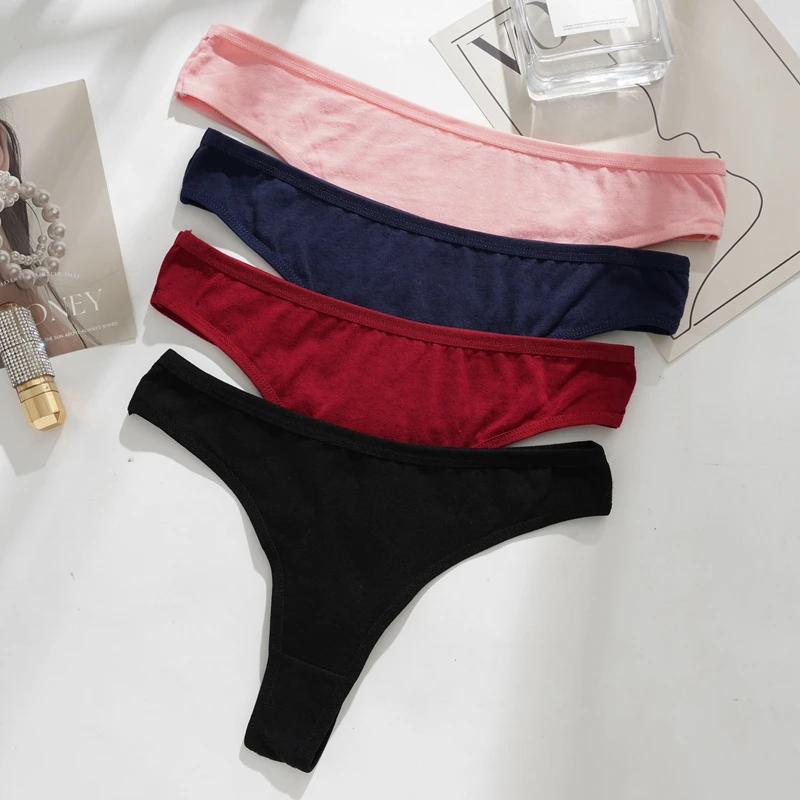 3PCS Cotton Blends T-back Briefs Women's Sexy Low rise Thong Panties L-2XL Plus Size Simple Breathable Underwear Solid Panty