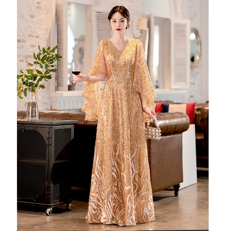 GoldSequinMotherOfTheBridalDressesElegantVNeckALineFloor