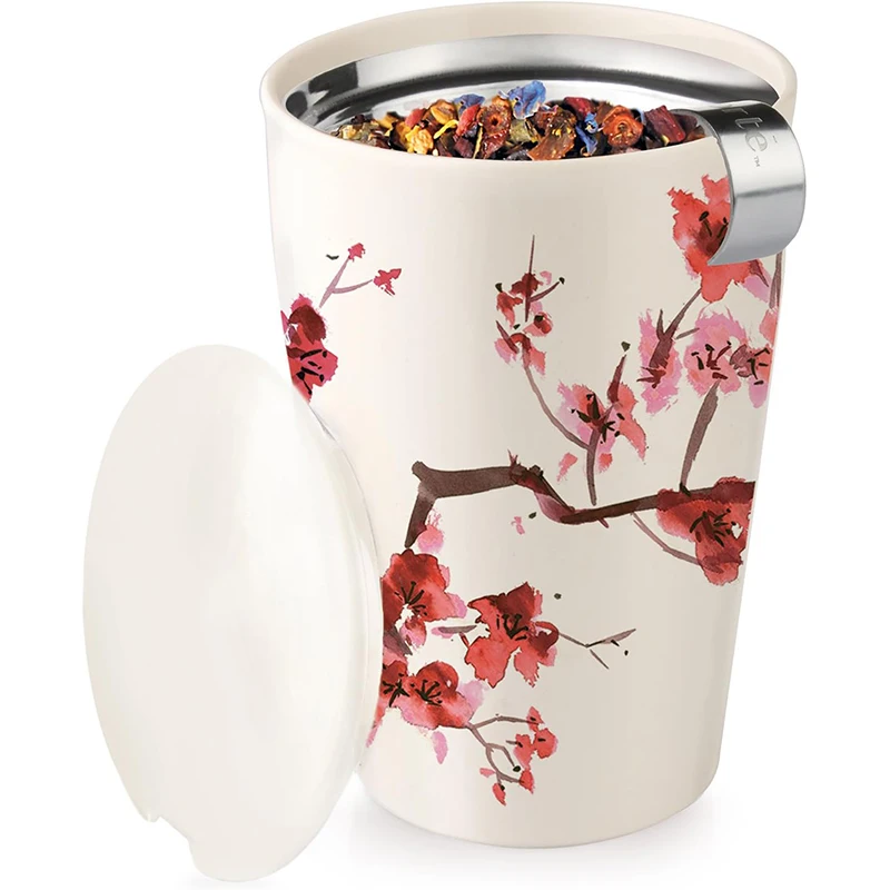 

Cherry Blossoms Cup, Ceramic Tea Infuser Cup with Infuser Basket and Lid for Steeping Loose Leaf Tea Filterable