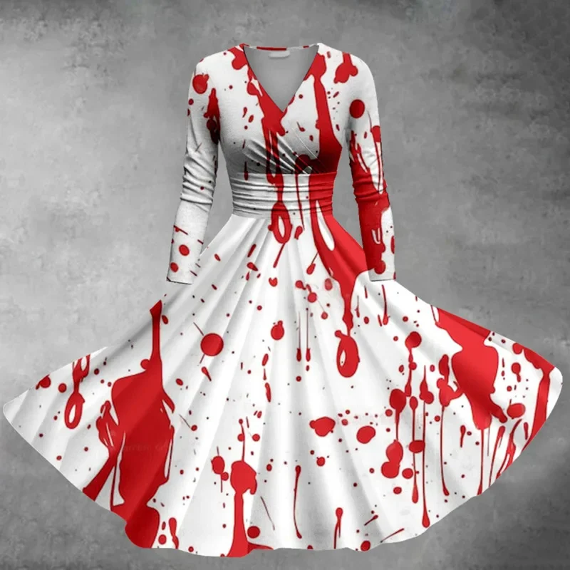 Halloween V Collar Long Sleeved Dress Terror Blood Handprints Bloodstains Leisure Slimming Outdoor Cosplay Clothing