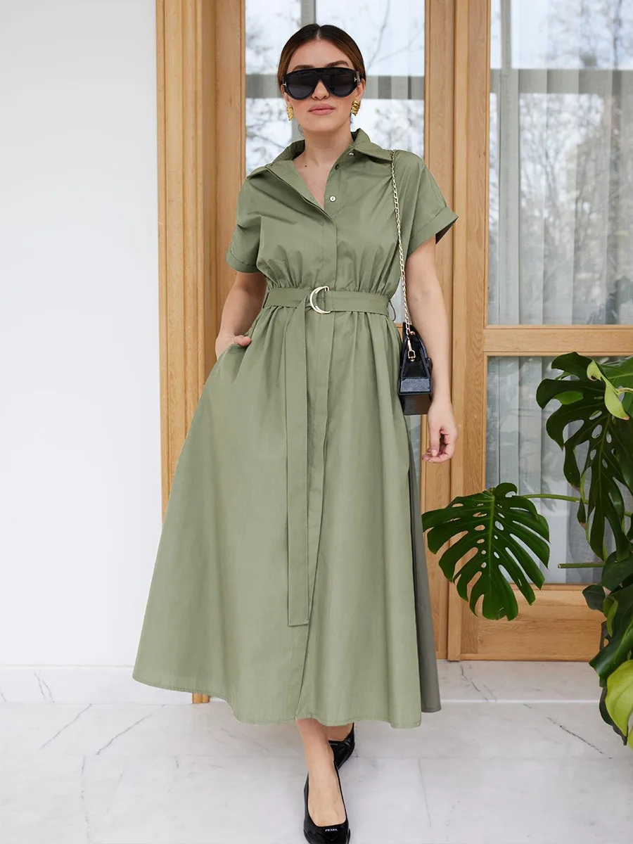 Bornladies 2026 Summer New Women's Cotton Short Sleeve Dress Single-breasted Shirt Dress Waist Belt