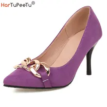 

Sexy Daily High Heels Women 2022 Spring Autumn Stilettos Metal Decor Size 34~48 Flock Pointed Toe Pumps Fashion Wedding Shoes