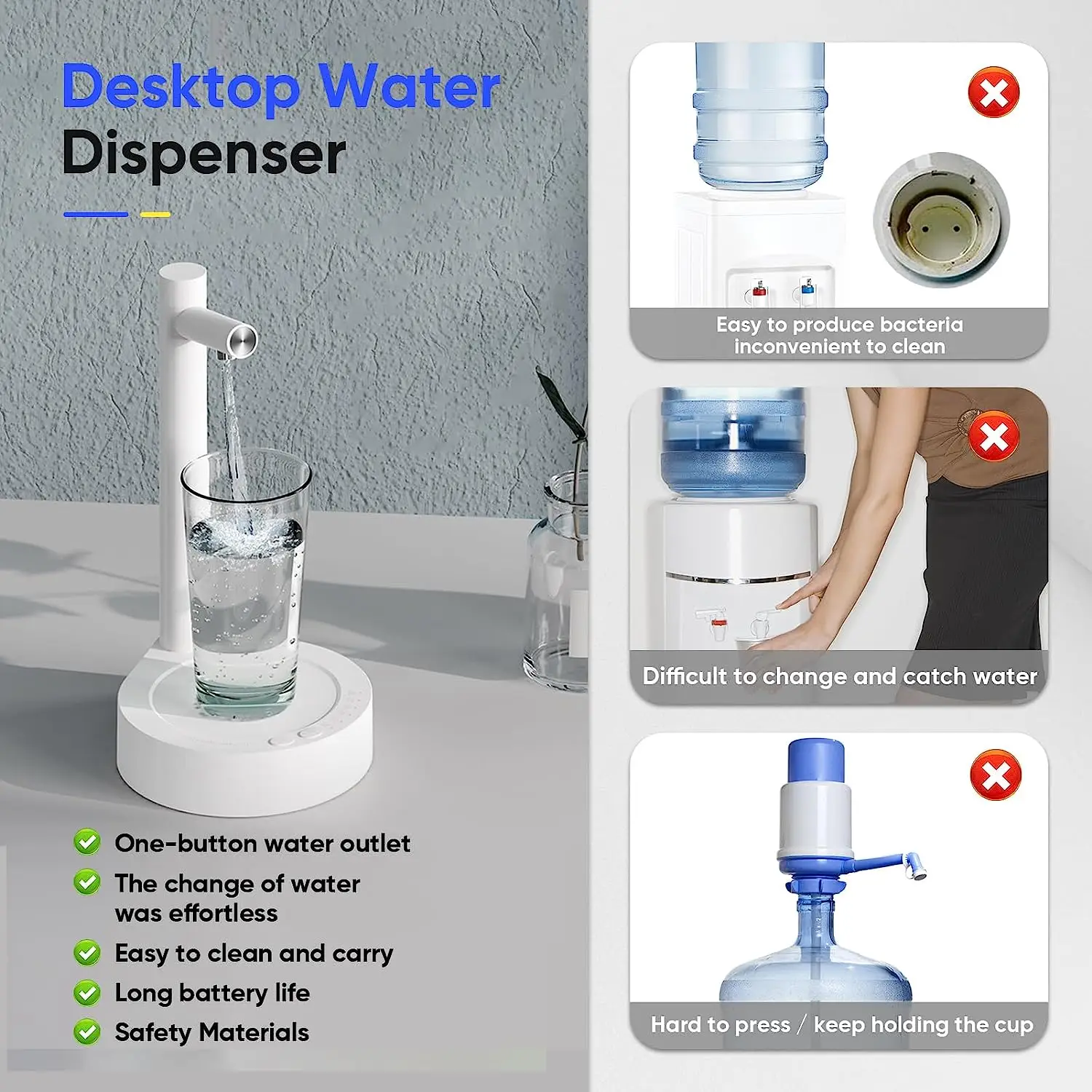 Water Dispenser Desktop Water Bottle Dispenser Automatic Smart Electric for 5 Gallon & Universal Bottles USB Charging 7 Levels