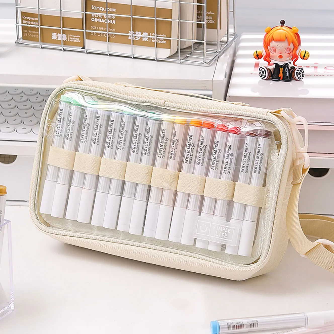 1개 마커 펜 전용 보관 가방 필통, 투명하고 간단한 색상의 휴대용 핸드백, 64개 펜 수납 대용량