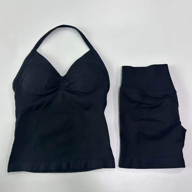 No Logo 2Pcs Gym Set Women Backless Tank Tops High Waist Scrunch Seamless Shorts Gym Suit Fitness Clothes Activewear Workout Set 5