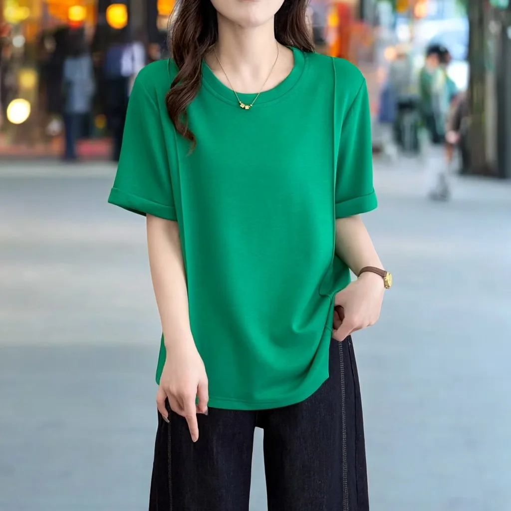 100kg Summer New Plus Size Women's Top Casual Slimming Round Neck Irregular Tees Short Sleeve Casual T-shirt 504