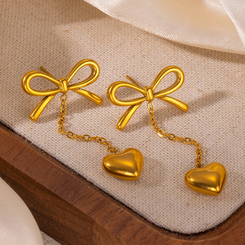 ANENJERY 316L Stainless Steel Smooth Bowknot Heart Tassel Necklace Earring For Women Delicate French Jewelry Set Gifts