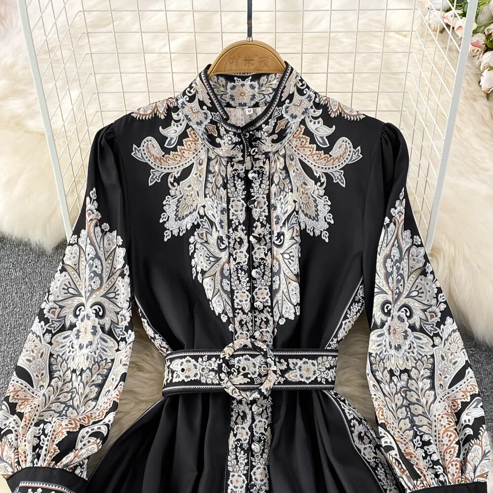 Women Vintage Long Dress Fashion Print A-line Ruffled Elegant Floral Party Dresses Ladies Long Sleeve Casual Long Robe Vestidos