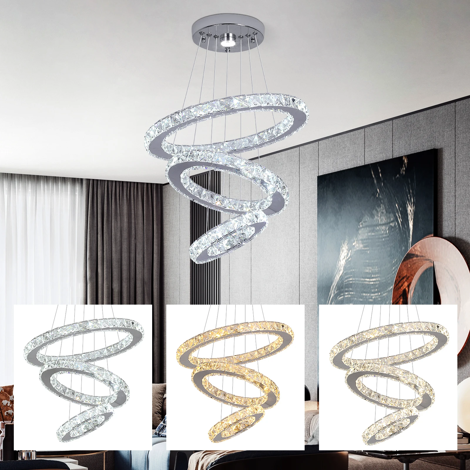 round chandelier Luxury Diamond 5 Rings Circle Crystal LED Chandelier Lighting Fixture Crystal Pendant Hanging Lamp Stair Hall Dimming Lustres chandelier ceiling light