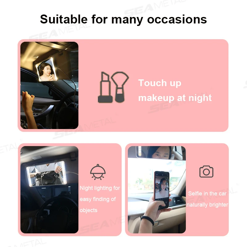 씨메탈 자동차 선바이저 화장대 거울, 충전식 화장품 거울, 3 가지 모드, 메이크업 미러, 자동차 인테리어, 차양 바이저 HD 미러