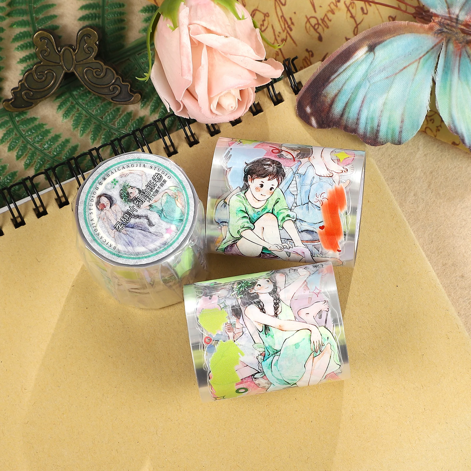 50mm*6m 카와이 소녀 캐릭터 풍경 PET 테이프 창의적인 DIY 저널 재료 콜라주 스크랩북 문구류